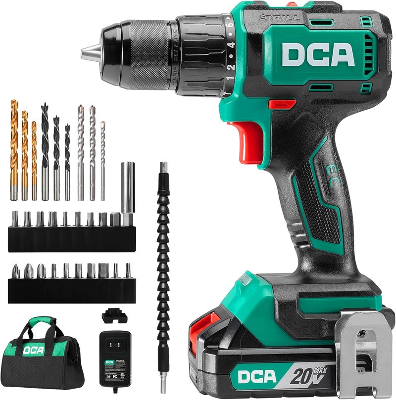 DCA 20V Brushless Hammer Drill Cordless, 492 in-lb Torque Impact Drill, 1/2" All-Metal Keyless Chuck,18+1+1, (0-450/0-1800RPM), 27000 IPM, Compact Design with 2.0Ah Battery & Charger,ADJZ2055i - Image 1